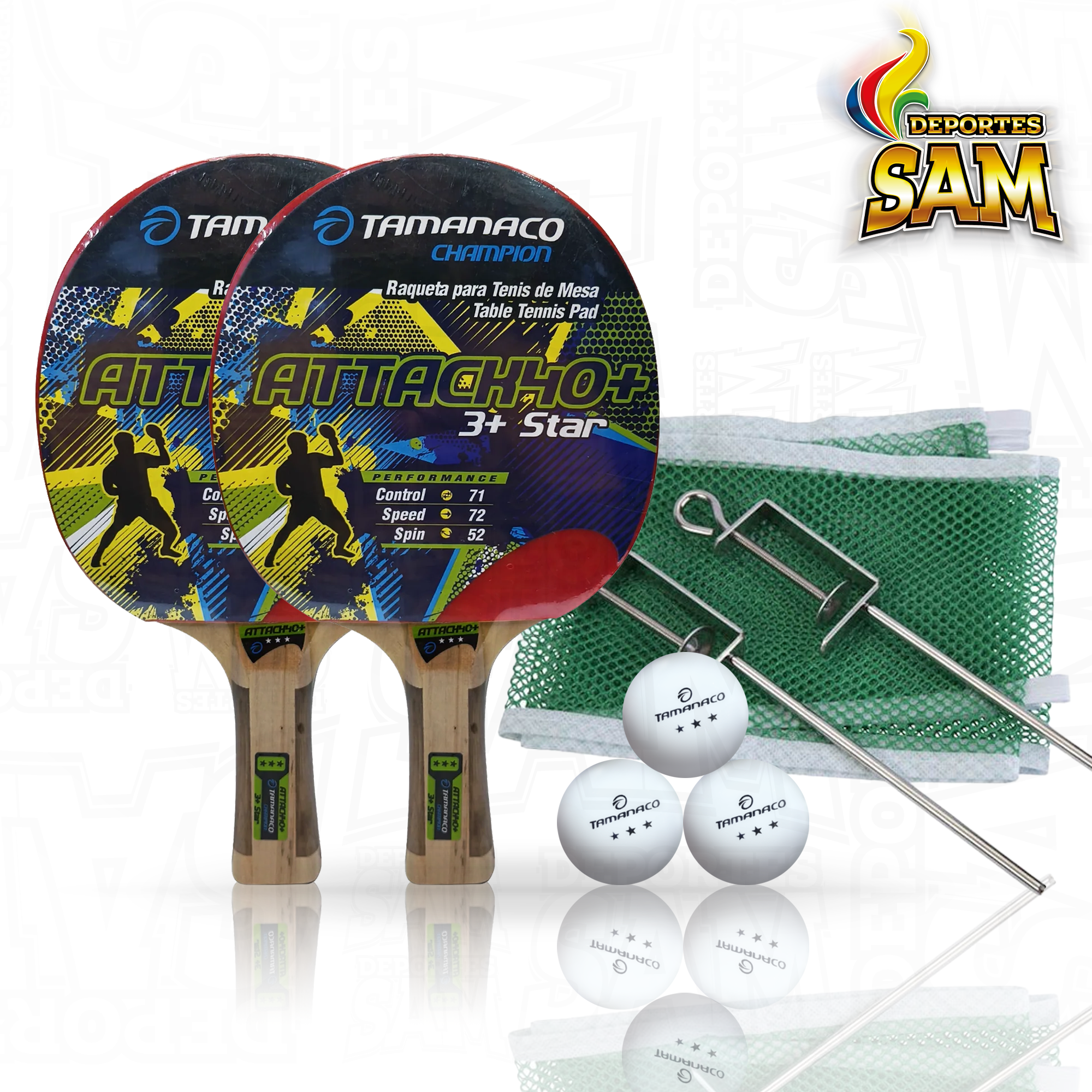 SET 2 RAQUETAS 3 BOLAS /MALLA Y PARAL PING PONG 3 ESTRELLAS TAMANACO